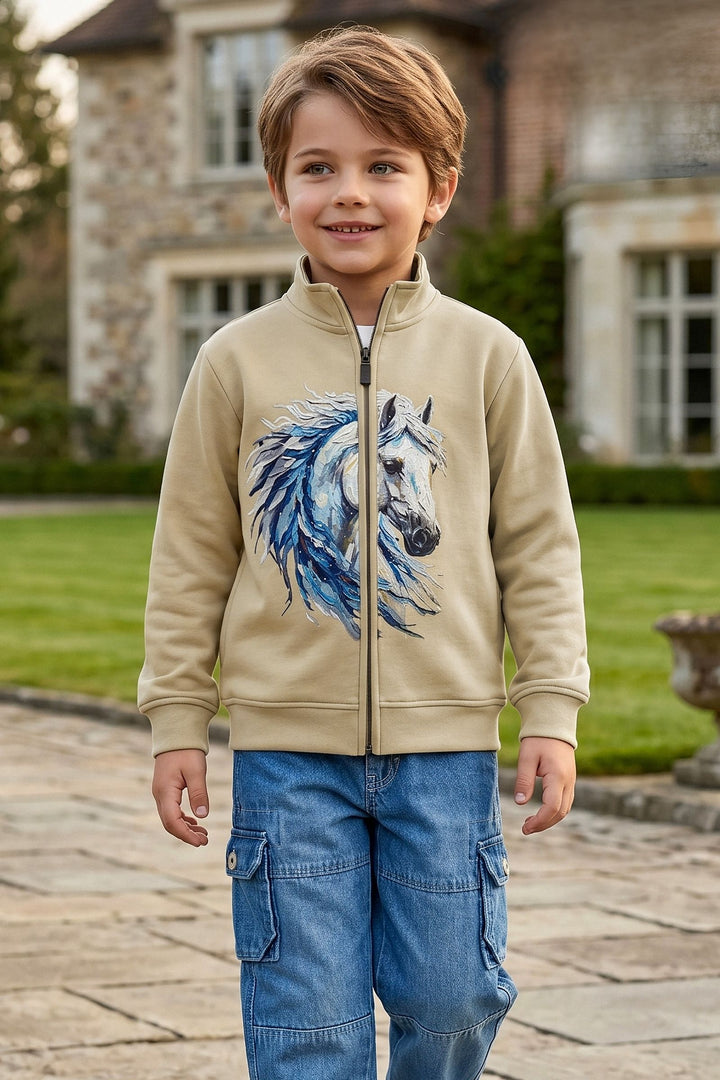 Beige Blazer, Printed T-Shirt and Blue Pant Set for Boys
