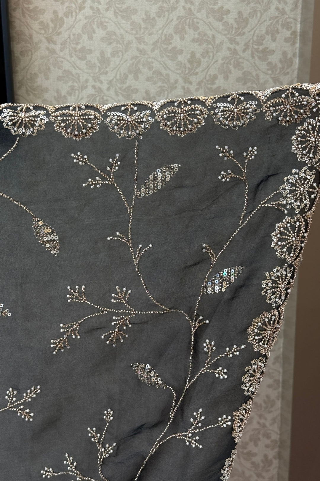 Black Saree with Beads, Zardozi, Zari and Pearl work