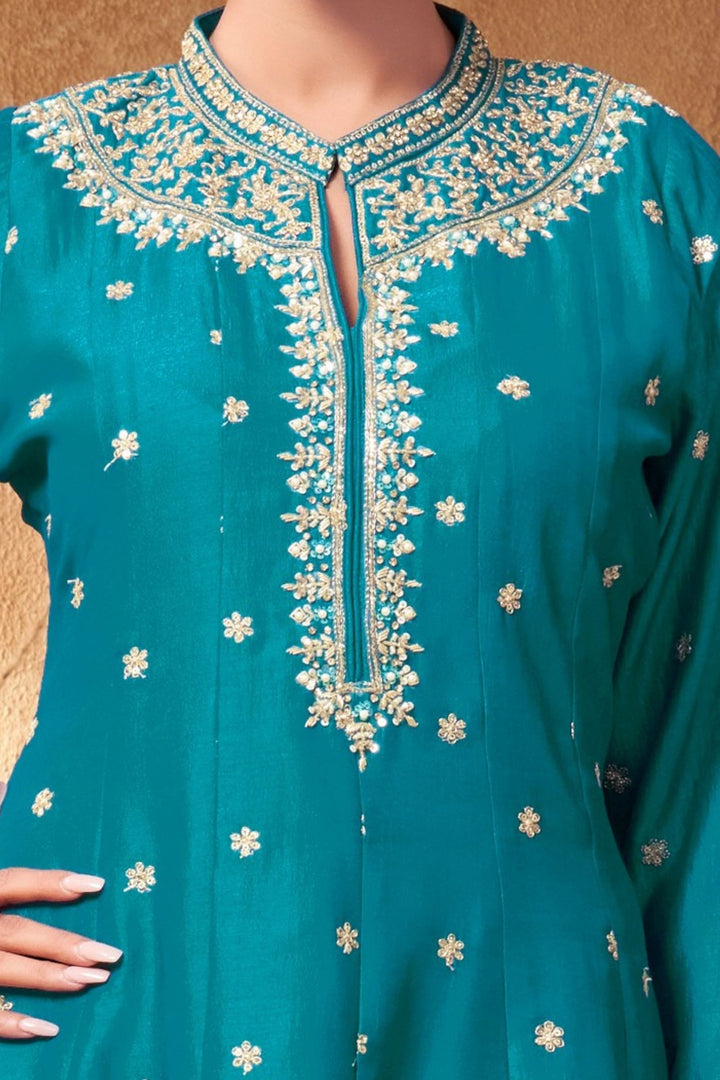 Rama Blue Zari, Zardozi, Sequins and Stone work A-line Cut Salwar Suit