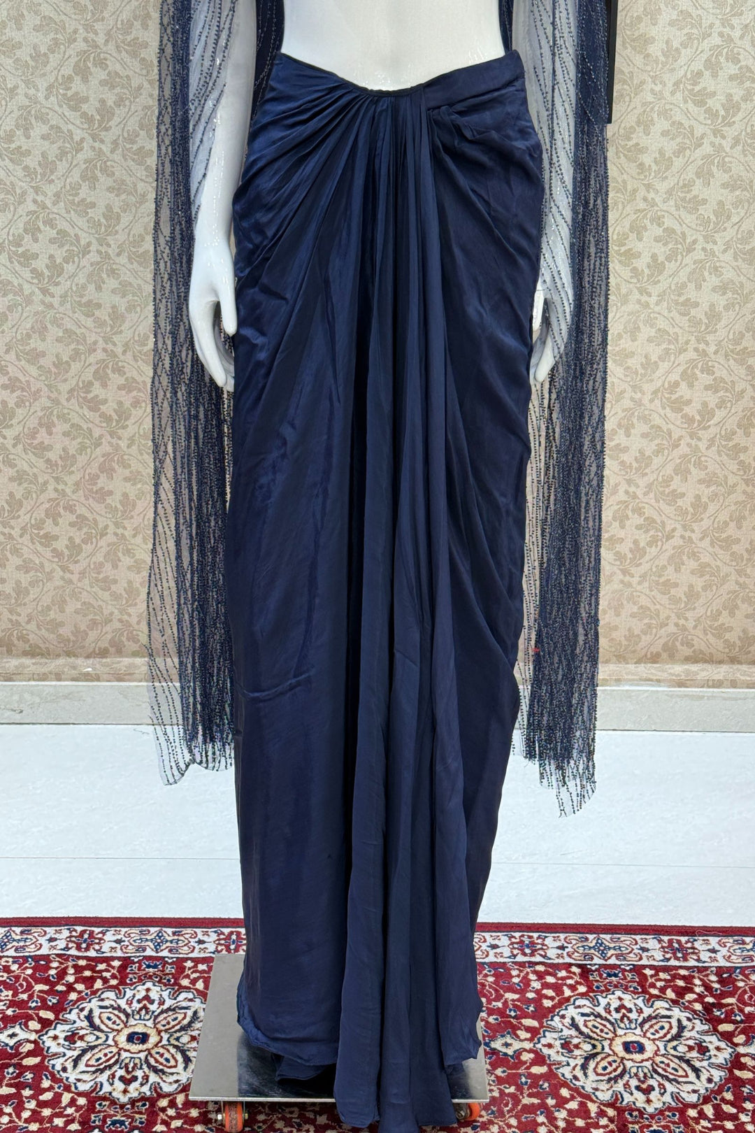 Navy Blue Indo-Western Styled Beads and Sequins work Crop Top and Cowl Skirt