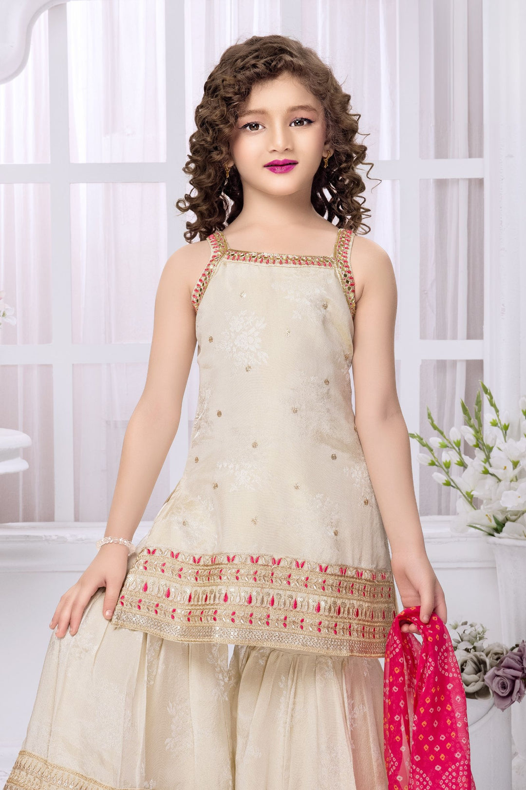 Beige Mirror, Thread, Beads, Zadi and Sequins work Sharara Suit Set for Girls