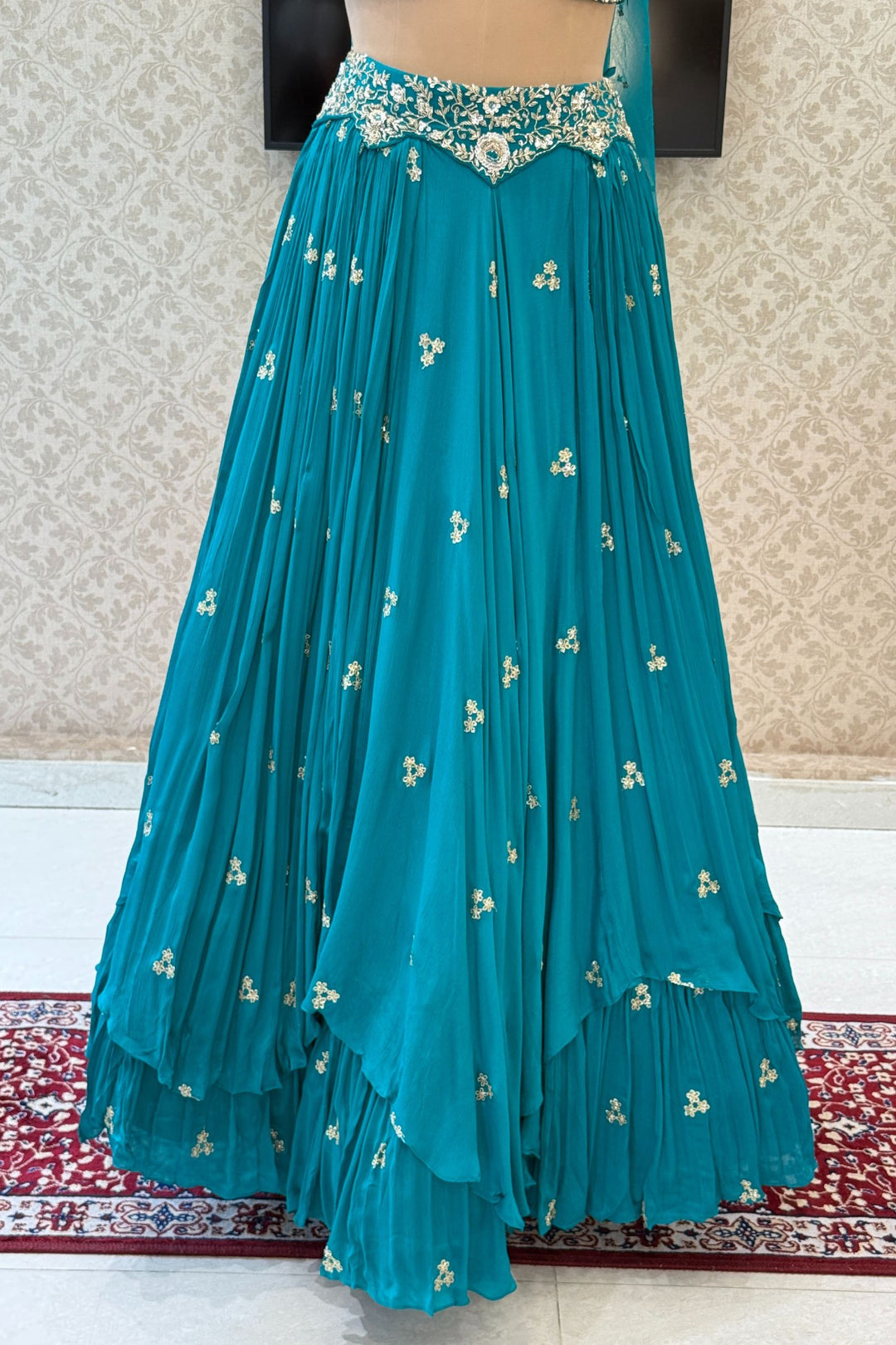 Rama Blue Sequins, Beads, Mirror, Zardozi and Zari work Crop Top Lehenga