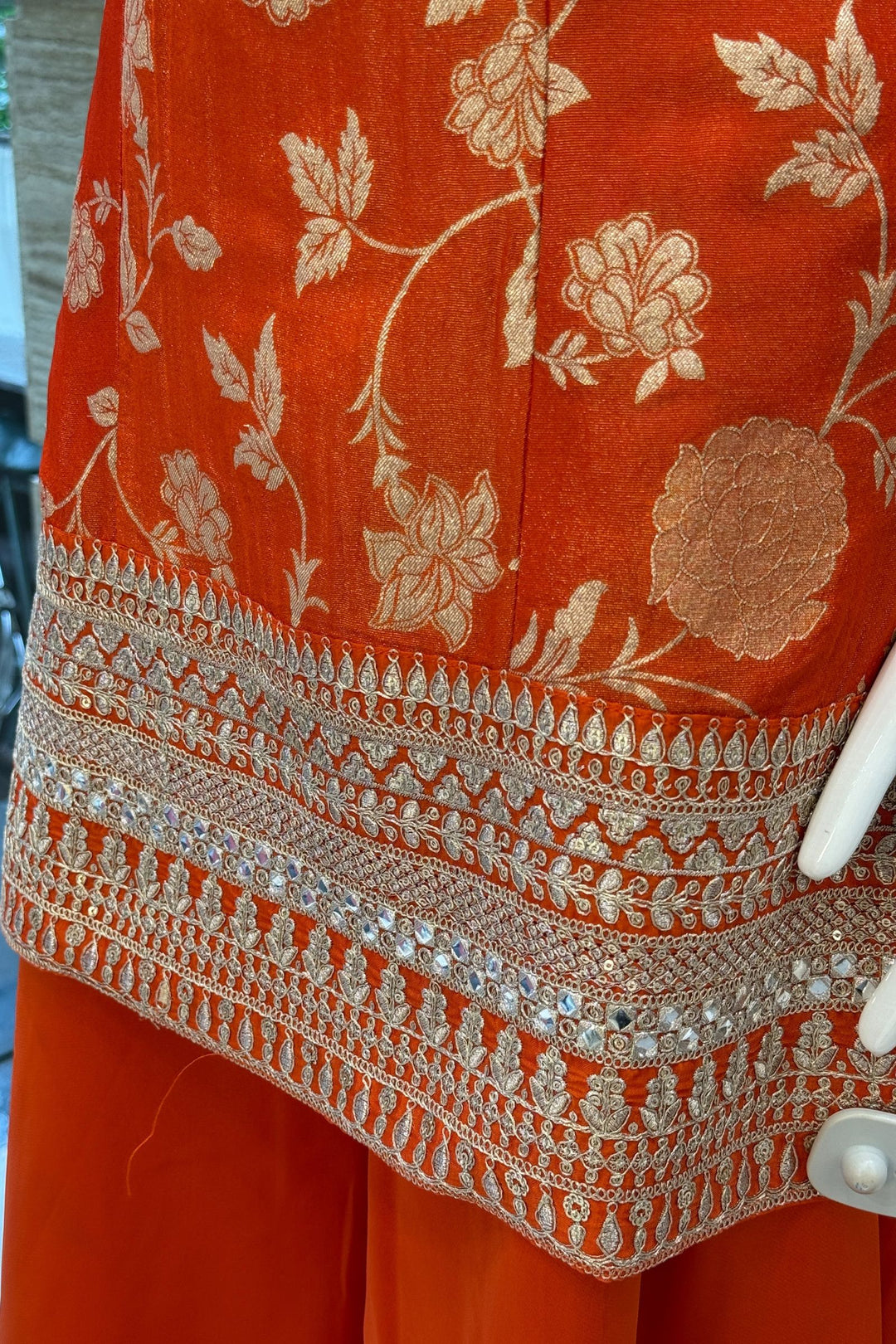 Orange Banaras Zari, Mirror, Zardozi, Sequins, Stone and Beads work Palazzo Salwar Suit