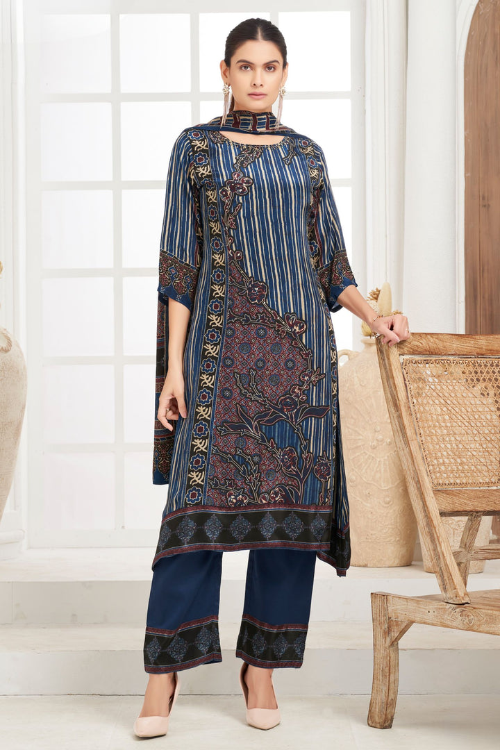 Blue with Ajrakh Print Straight Cut Salwar Suit