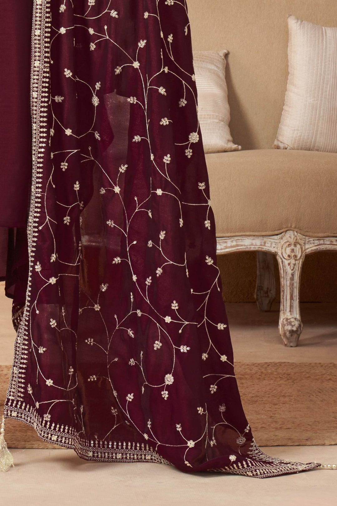 Maroon Beads, Pearl, Zardozi, Stone, Zari and Sequins work Aline Cut Salwar Suit