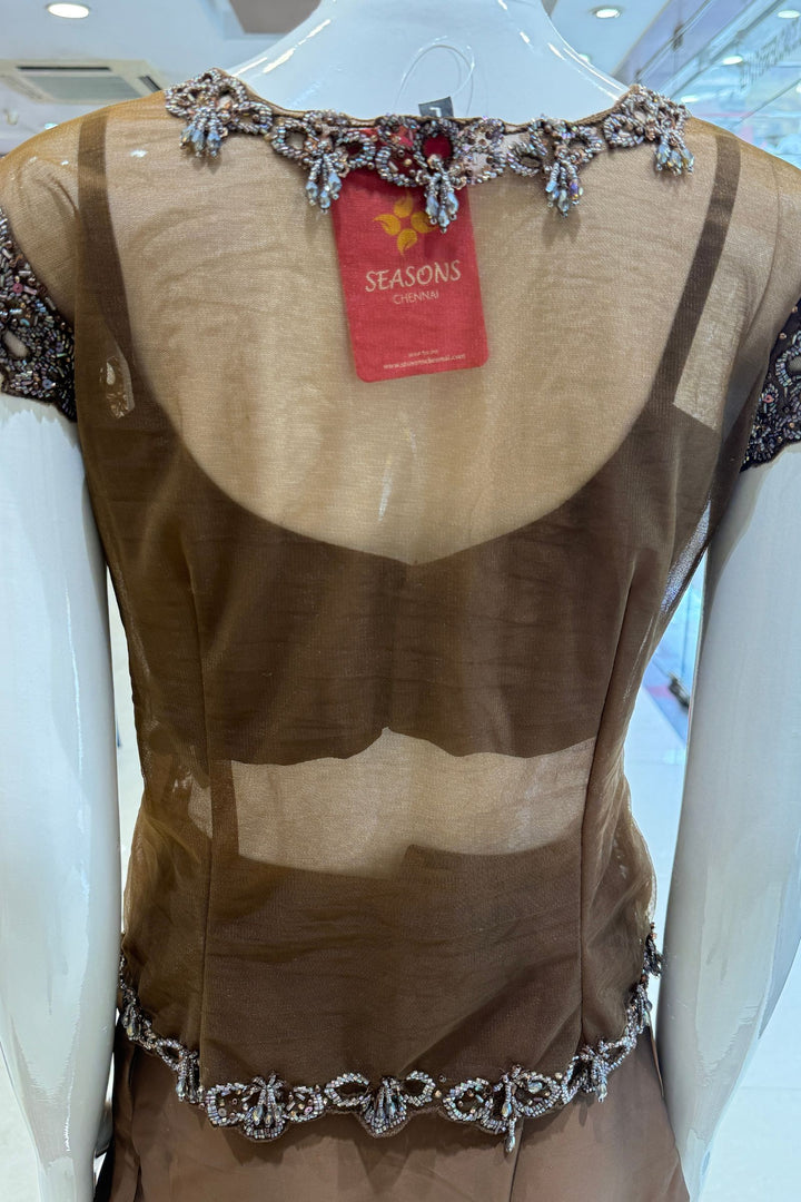 Brown Indo-Western Styled Beads and Sequins work Top and Cowl Skirt