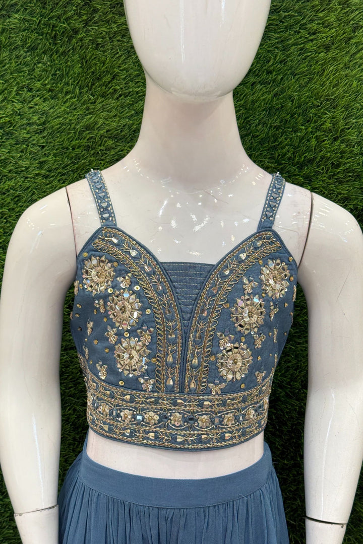 Grey Sequins, Mirror, Zari and Stone work Overcoat Styled Palazzo Set For Girls