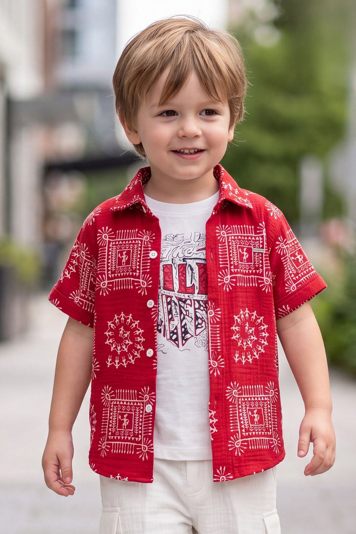 Red with White Printed Boys Co-Ord Set