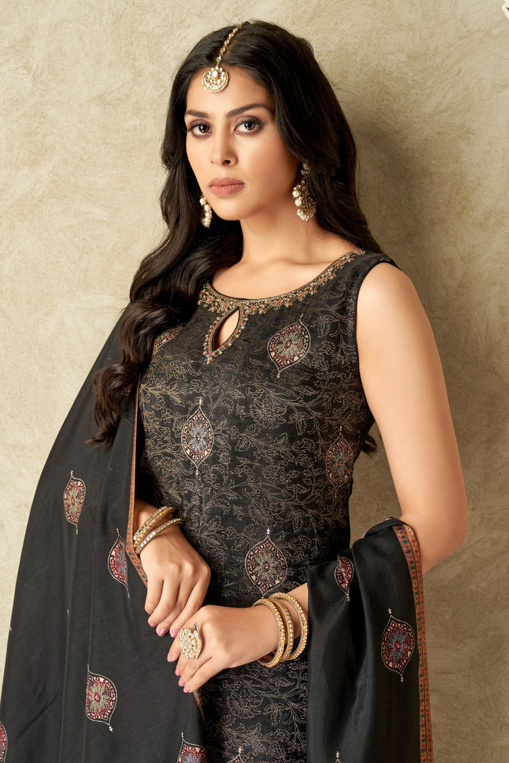 Black Banaras, Beads, Zardozi and Stone work with Digital Print Straight Cut Salwar Suit