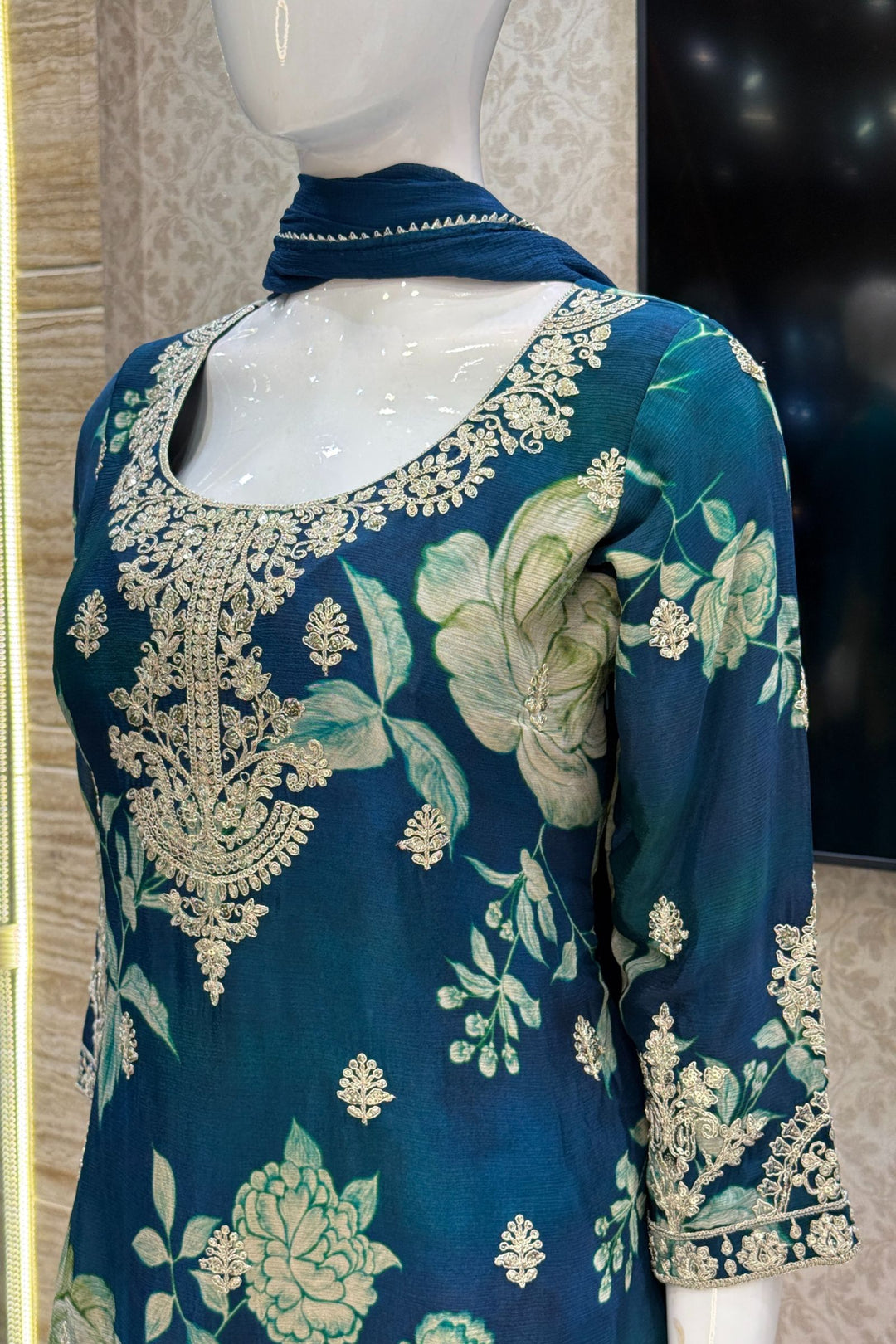 Peacock Blue Sequins and Zari work with Floral Print Sharara Salwar Suit