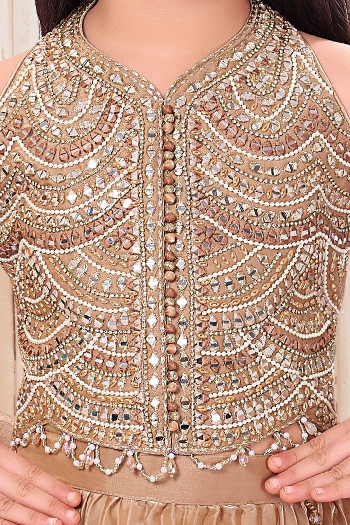 Fawn Mirror, Stone, Beads and Zari work Lehenga Choli for Girls