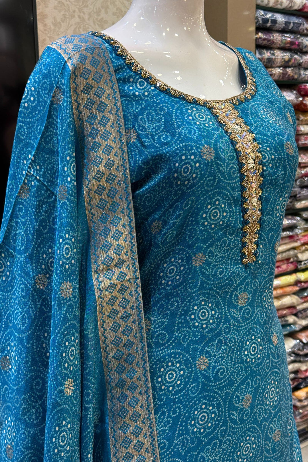 Rama Blue Zari Weaving and Banaras work with Bandini Print Straight Cut Salwar Suit