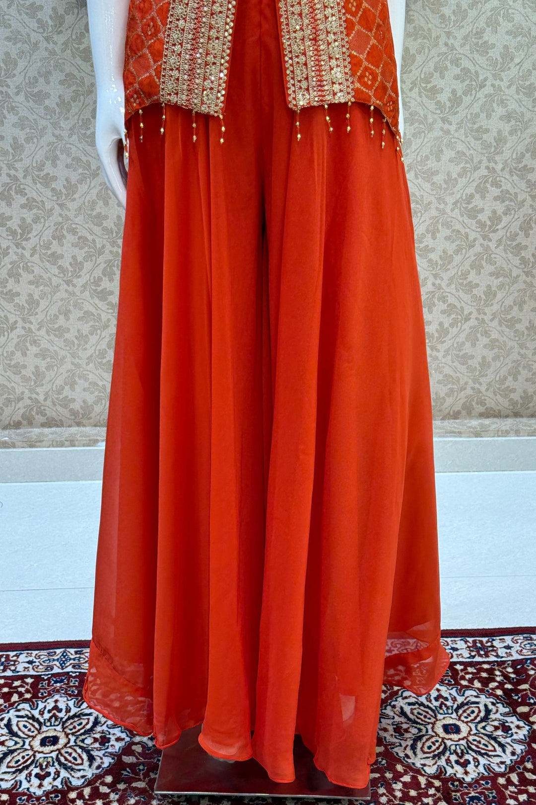 Orange Banaras Zari, Sequins and Zari Thread work Palazzo Suit Set