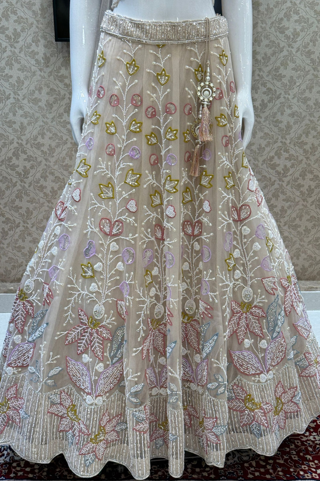 Beige Beads, Stone, Sequins, Pearl and Multicolor Embroidery work Designer Lehenga