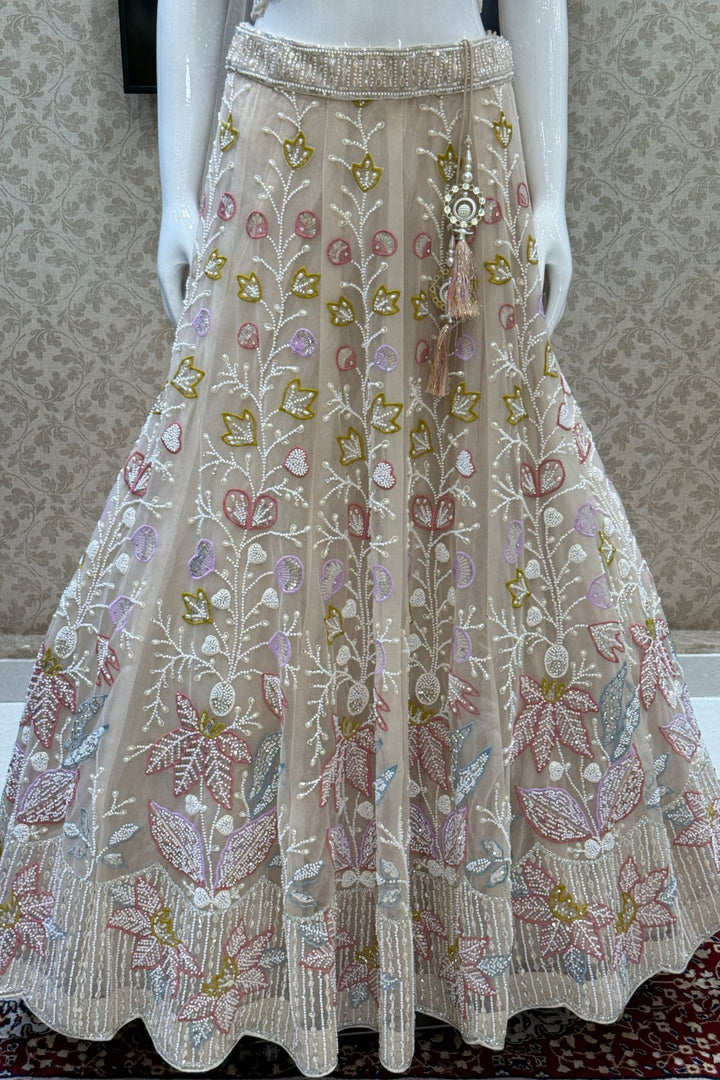Beige Beads, Stone, Sequins, Pearl and Multicolor Embroidery work Designer Lehenga