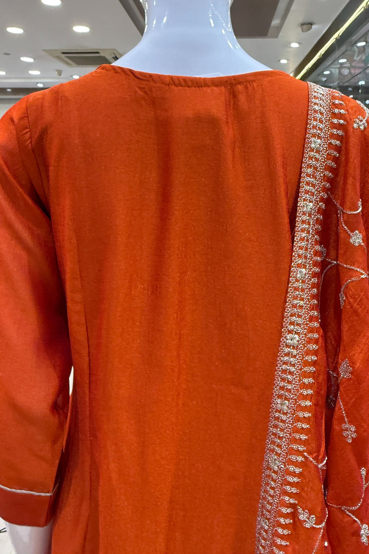 Orange Beads, Pearl, Zardozi, Stone, Zari and Sequins work Aline Cut Salwar Suit