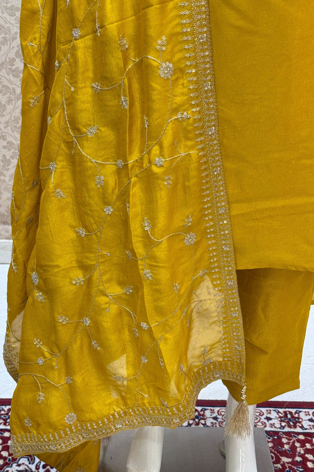 Mustard Beads, Pearl, Zardozi, Stone, Zari and Sequins work A-line Cut Salwar Suit