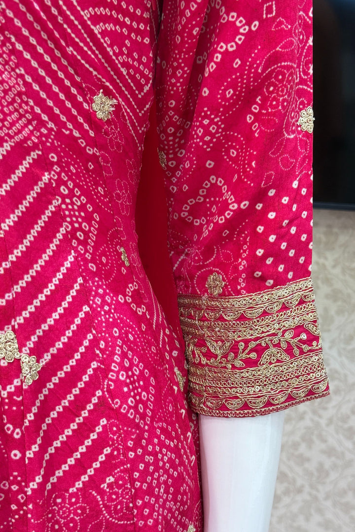 Rani Pink Zardozi, Stone, Sequins and Zari work with Bandini Print Anarkali Style Salwar
