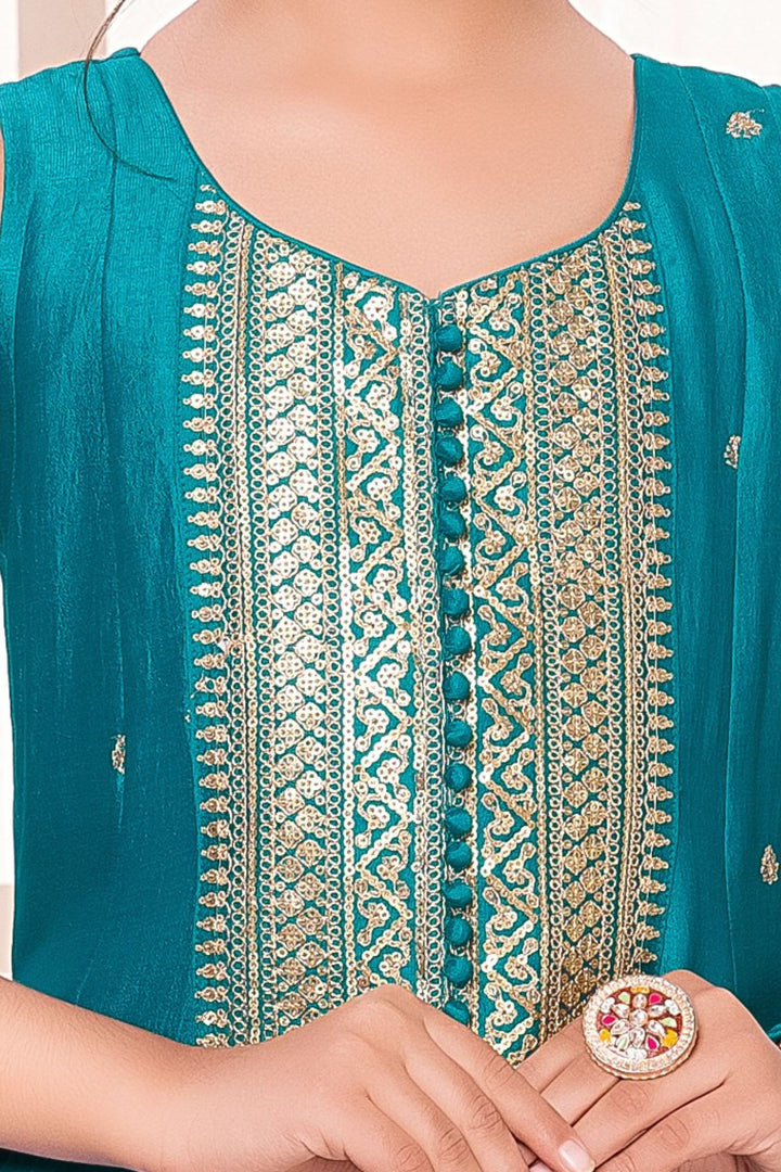 Rama Blue Sequins and Zari work Salwar Suit for Girls