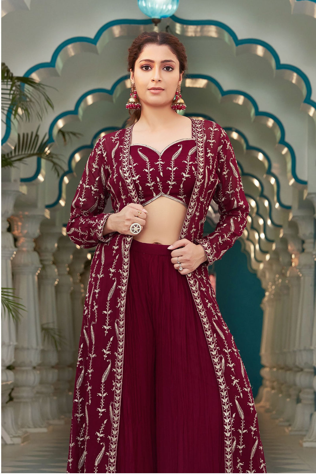 Maroon Sequins and Zari work Crop Top with Long Over Coat Palazzo Set