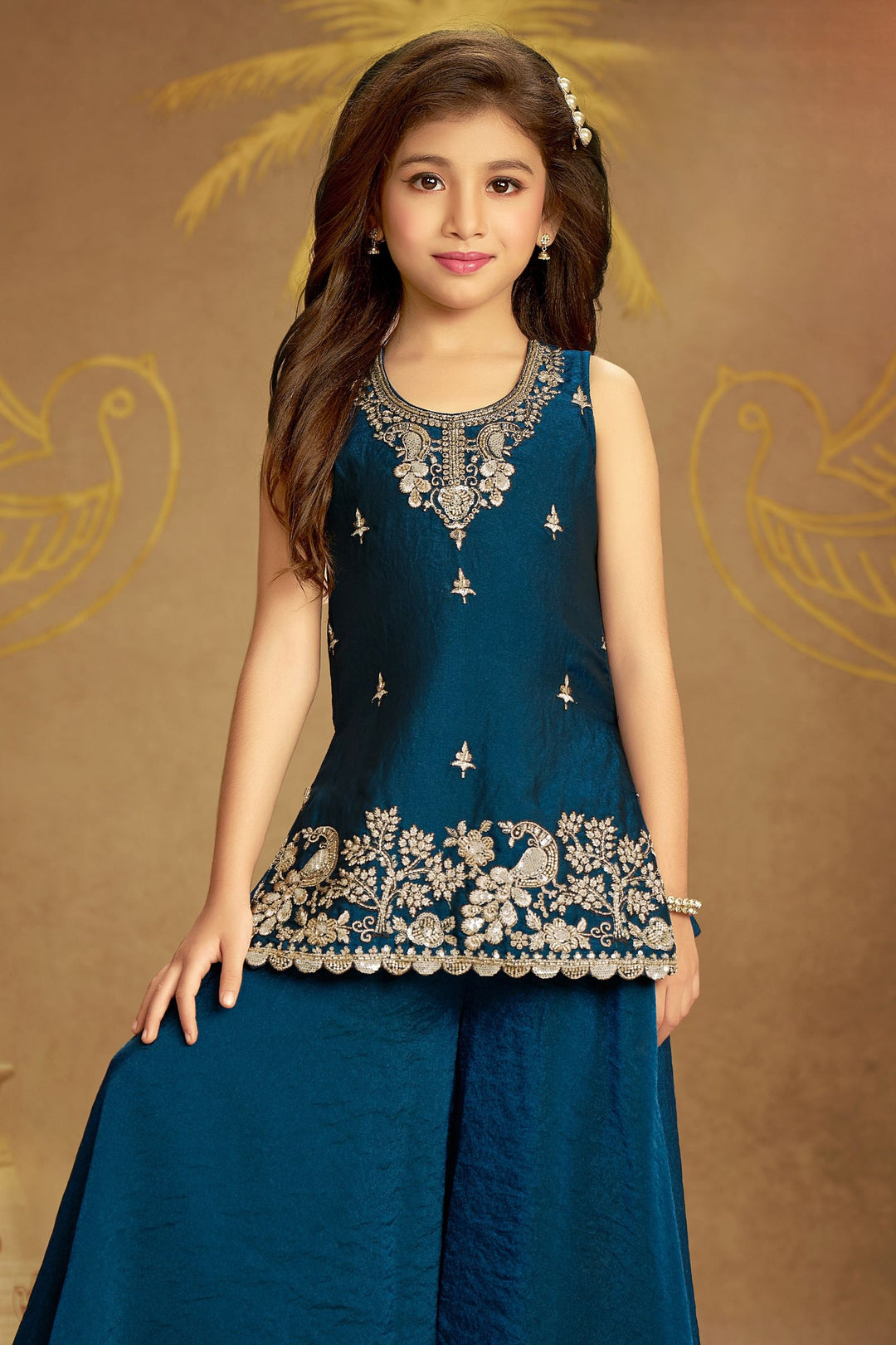 Royal Blue Beads, Zari and Sequins work Palazzo Suit Set for Girls