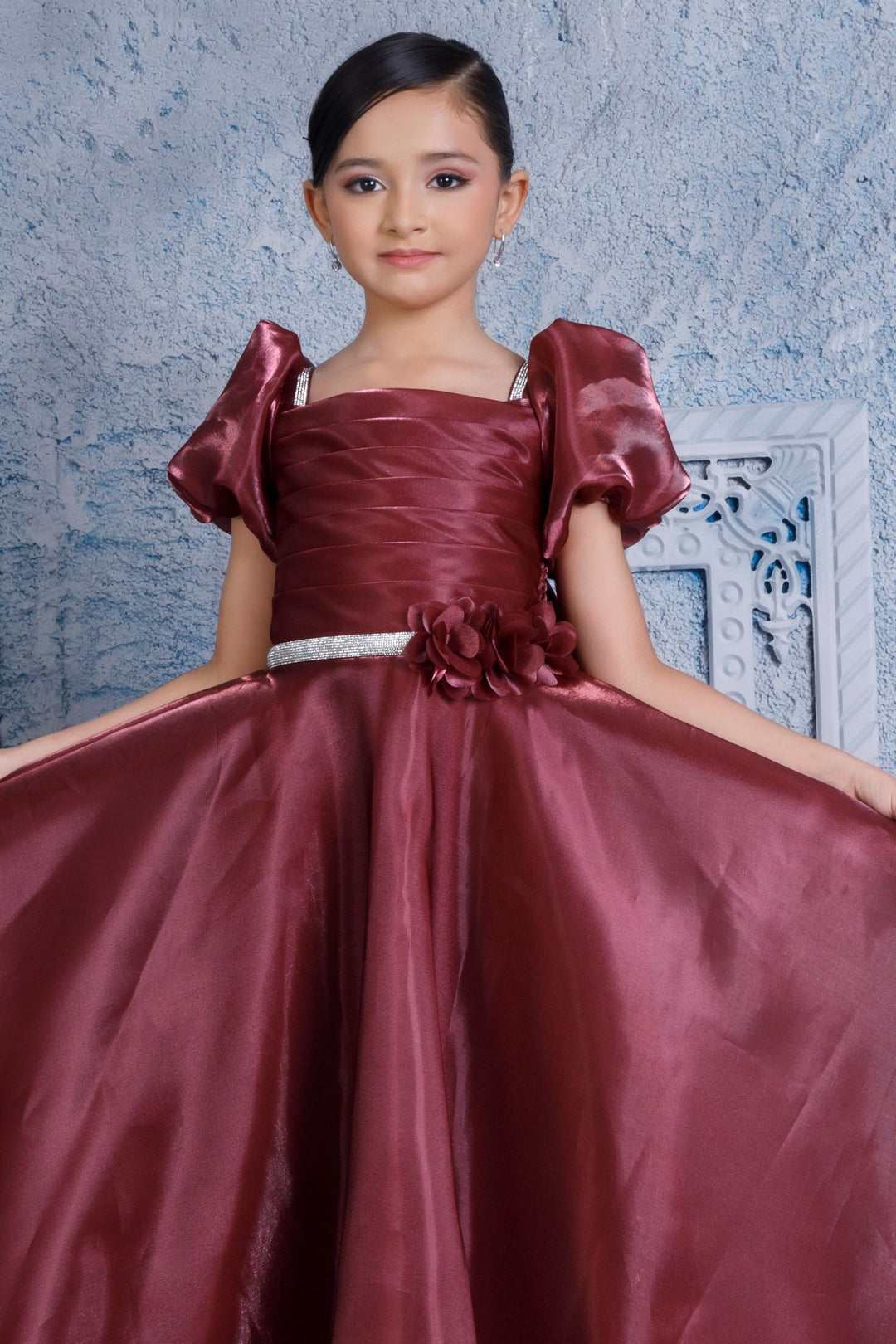 Maroon Stone work Long Party Gown for Girls