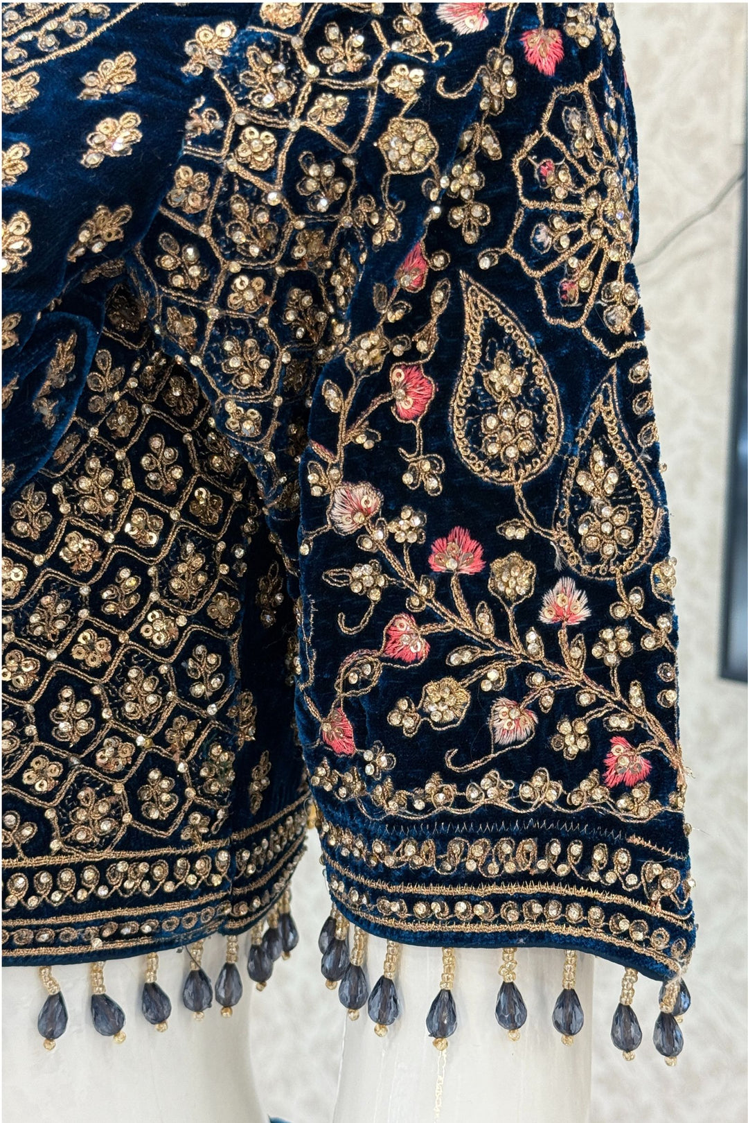 Peacock Blue Zardozi, Beads and Embroidery work Crop Top Designer Bridal Lehenga