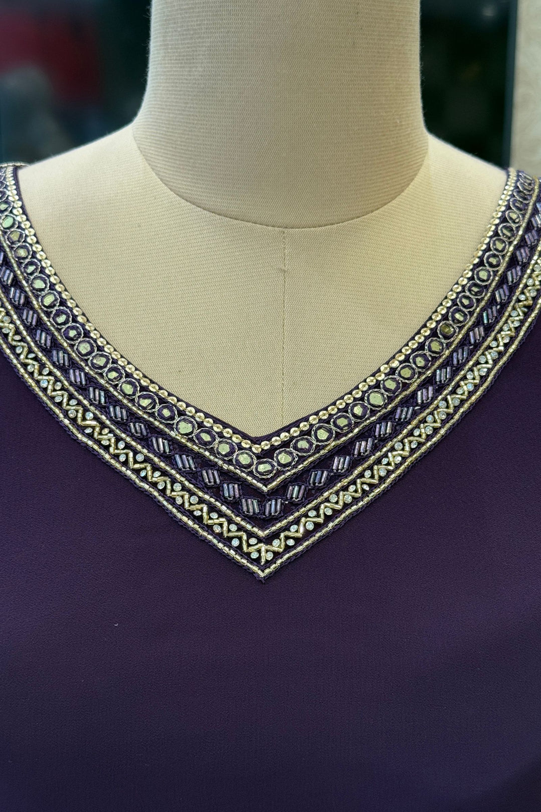 Wine Beads and Sequins work Anarkali Gown with Traditional Banaras work Dupatta