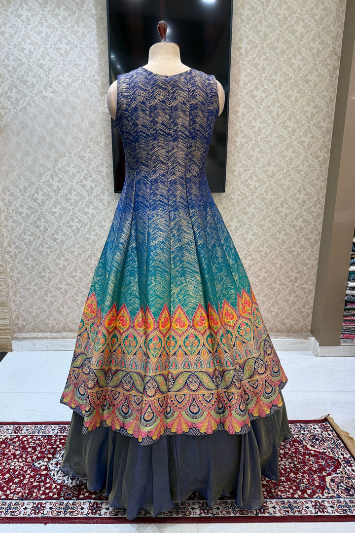 Blue with Rama Green Banaras work Mastani Styled Long Top Lehenga