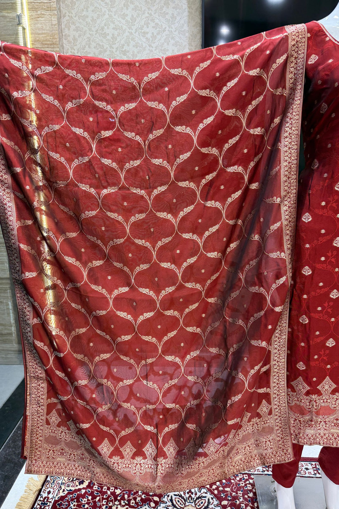 Maroon Zardozi, Sequins, Mirror, Stone, Brocade and Banaras work Straight Cut Salwar Suit