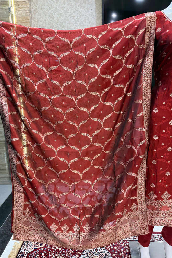 Maroon Zardozi, Sequins, Mirror, Stone, Brocade and Banaras work Straight Cut Salwar Suit
