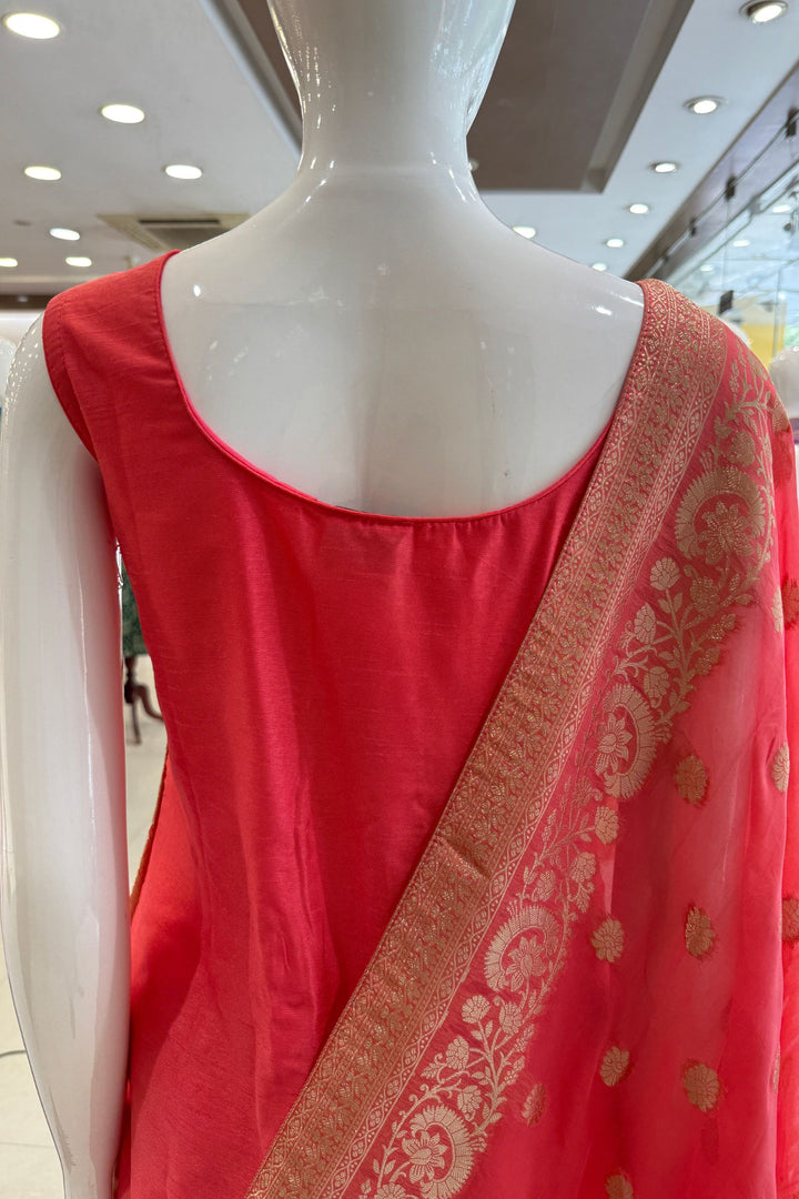 Peach Beads, Mirror, Stone, Banaras and Brocade work Straight Cut Salwar Suit