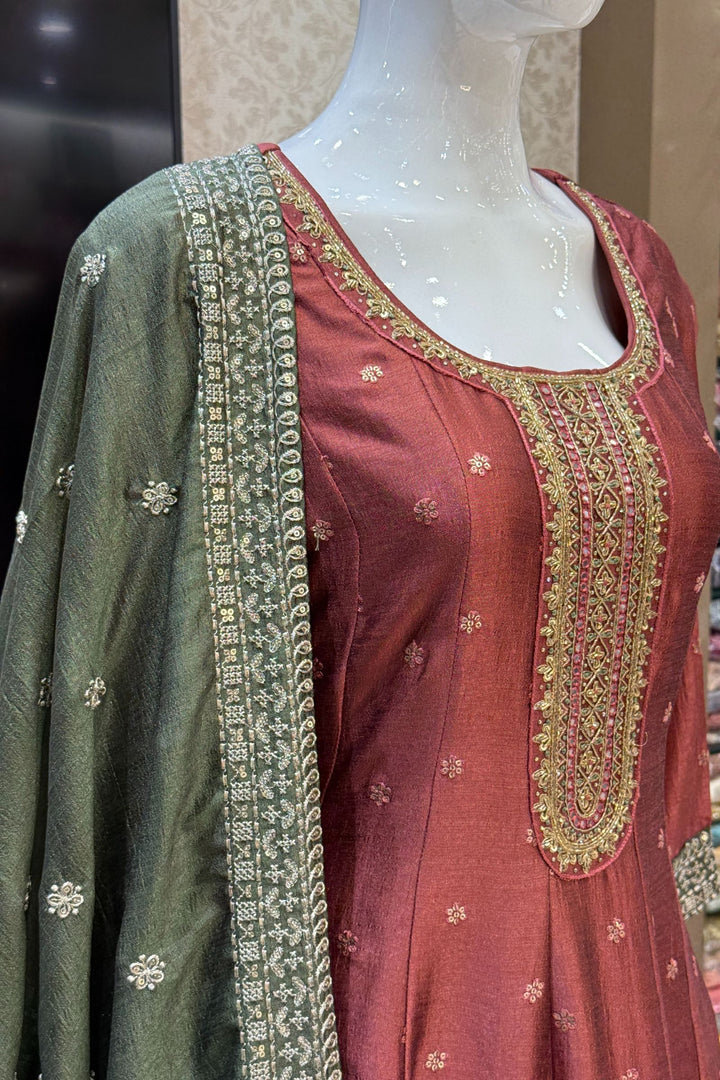 Woodrose Pink Beads, Zardozi, Thread, Sequins, Stone and Zari work A-line Cut Salwar Suit