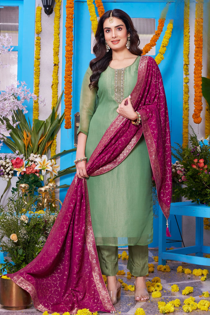 Pista Green Zardozi, Sequins, Beads and Zari work Straight Cut Salwar Suit