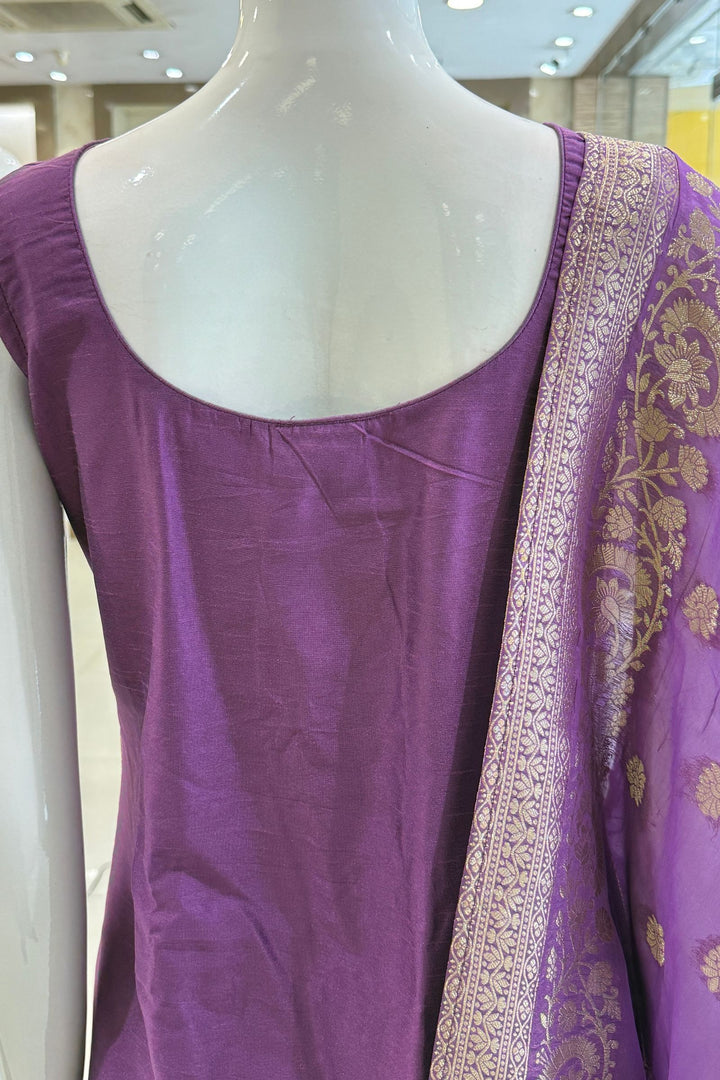 Lavender Beads, Mirror, Stone, Banaras and Brocade work Straight Cut Salwar Suit