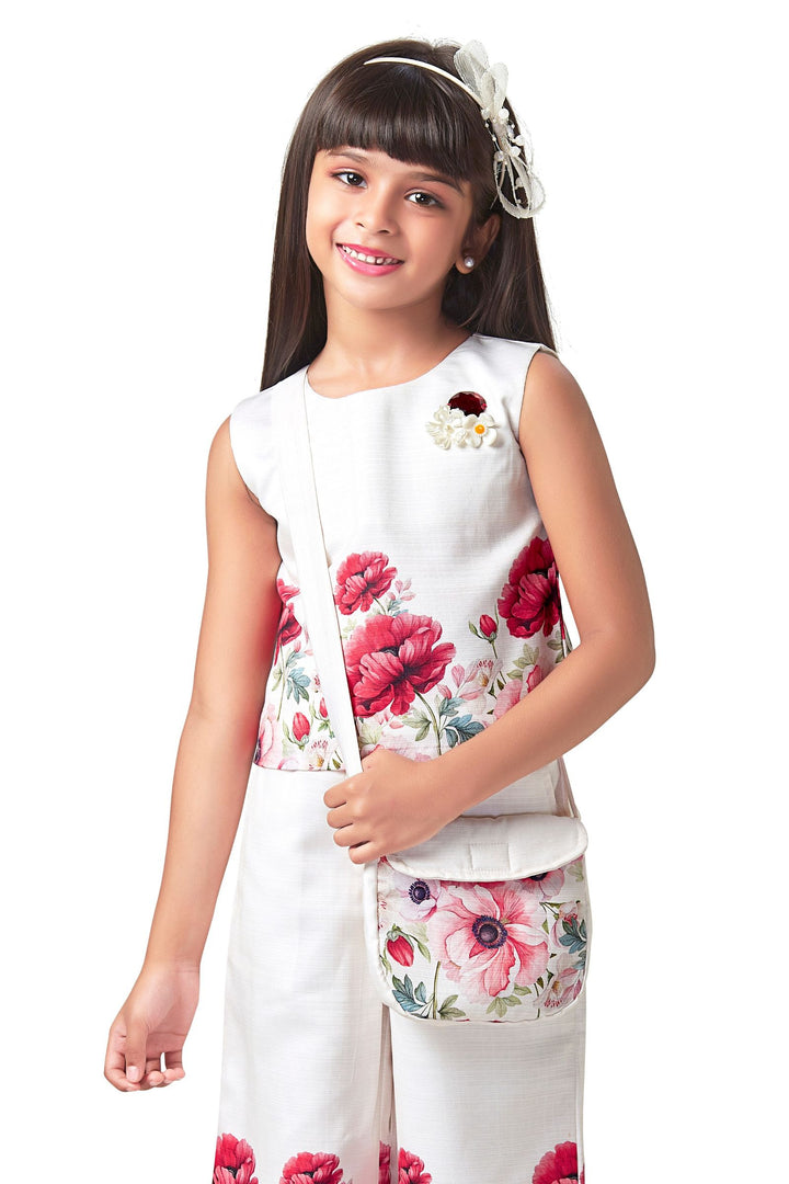 Half White Floral Print Top and Palazzo Set for Girls