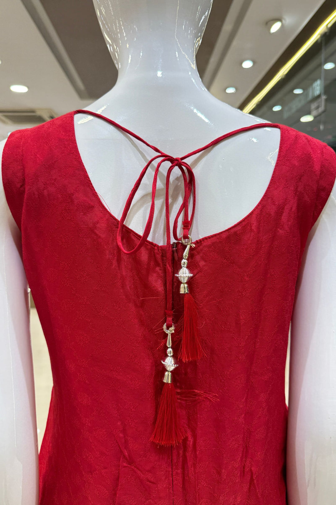 Red Banaras work V-Neck Straight Cut Salwar Suit