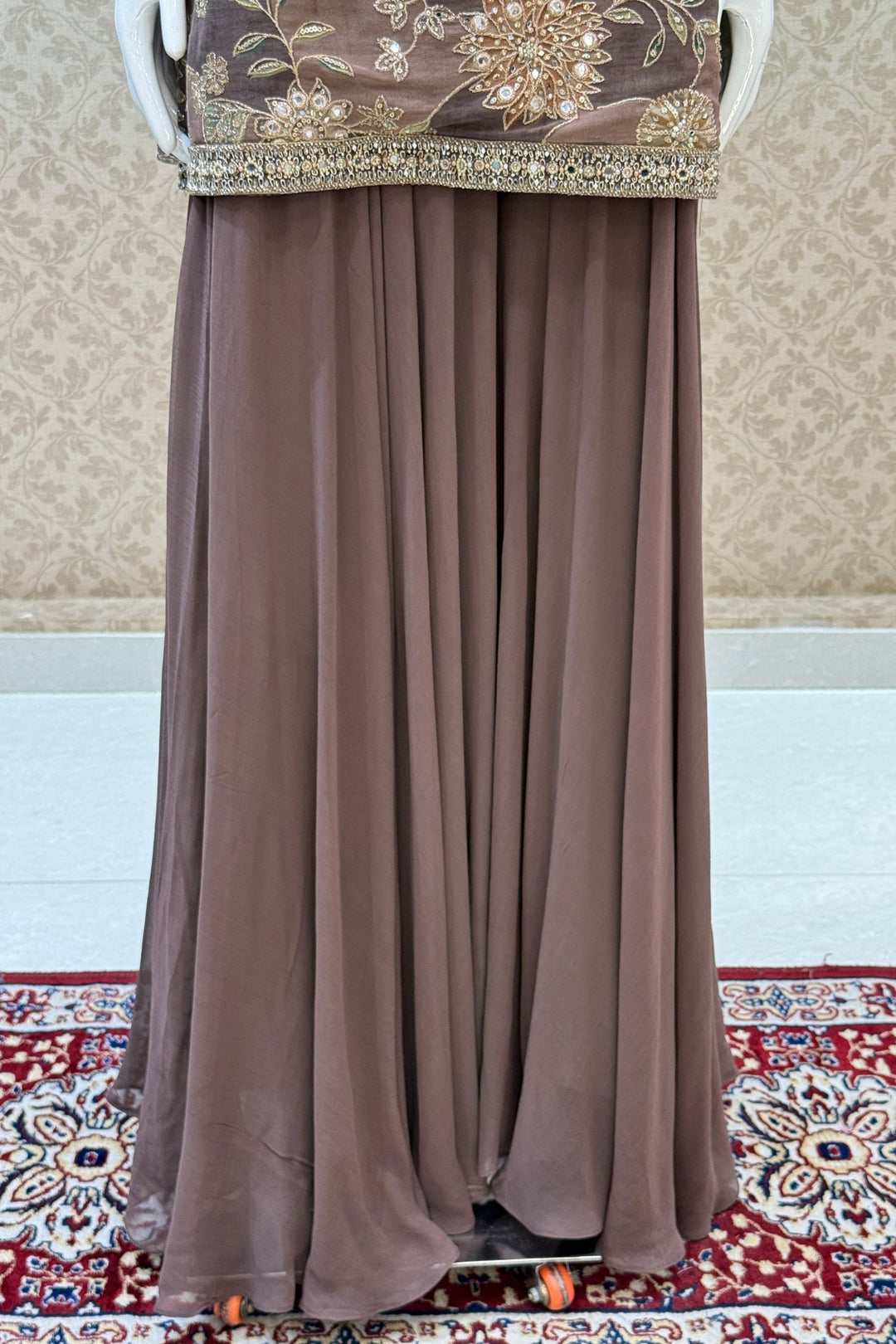 Brown Zari, Beads, Mirror and Zardozi work Palazzo Salwar Suit