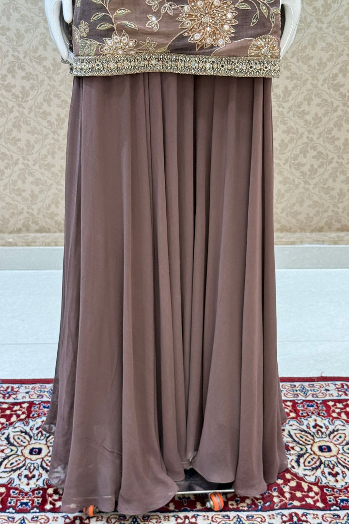 Brown Zari, Beads, Mirror and Zardozi work Palazzo Salwar Suit