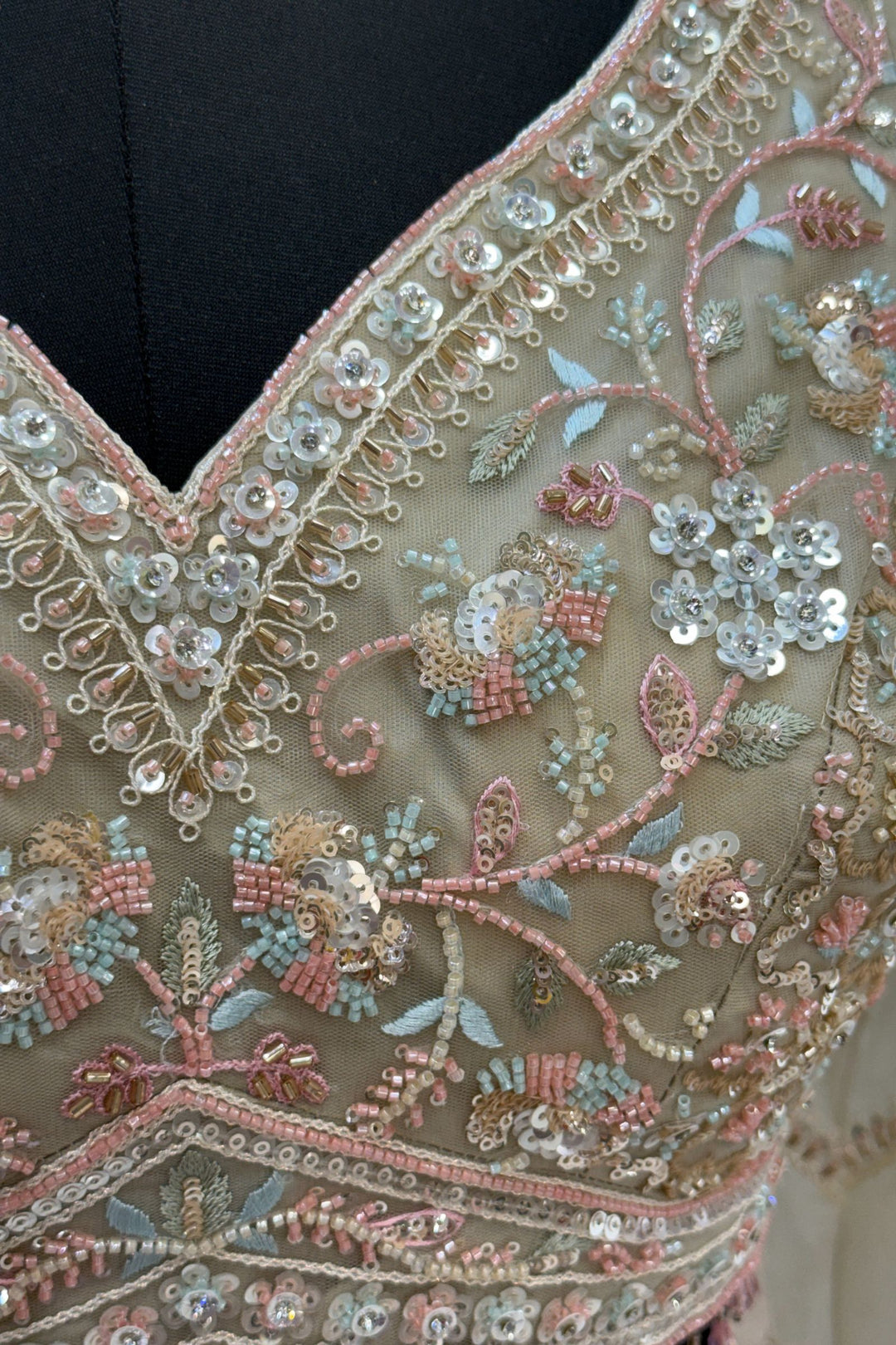 Beige Sequins, Beads and Zari Thread work Crop Top Designer Bridal Lehenga