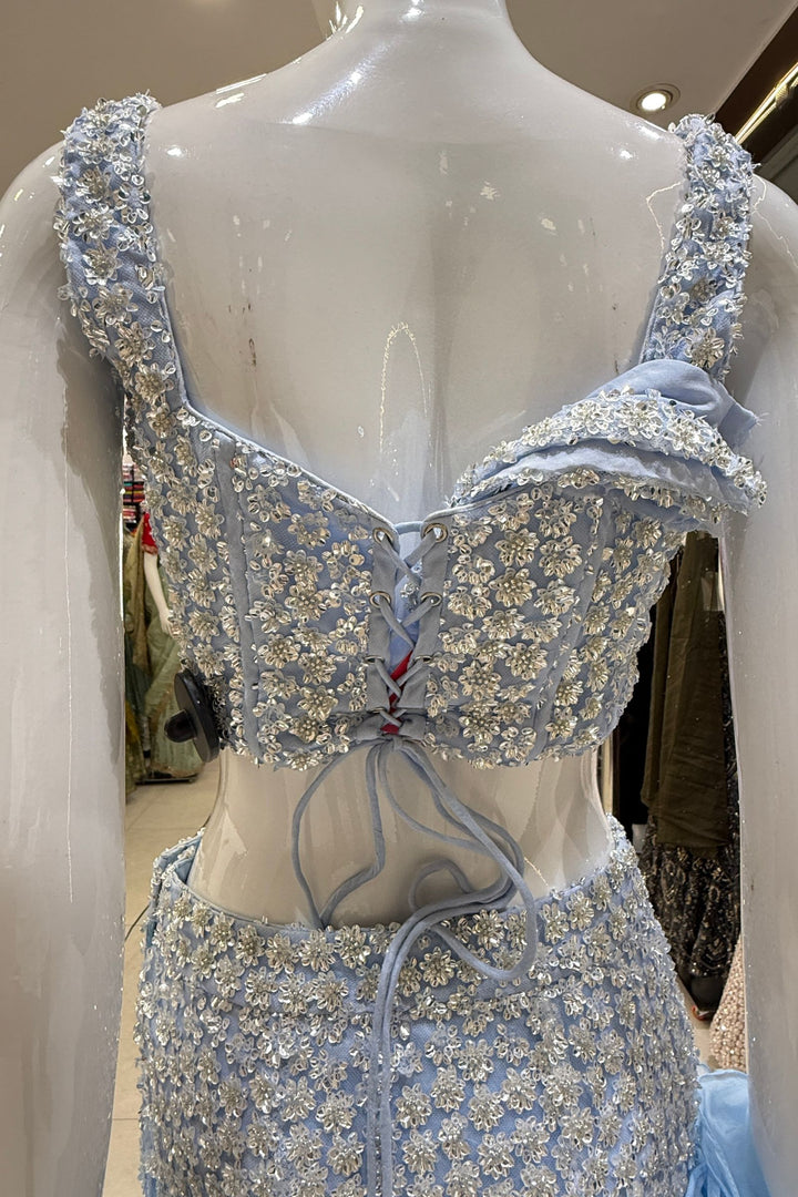 Ice Blue Sequins and Beads work Fishcut Lehenga Set