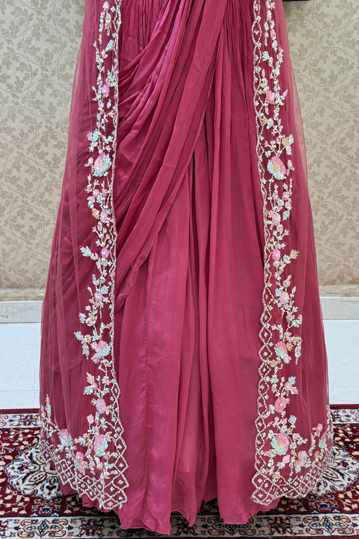 Onion Pink Sequins, Stone and Pearl work Indo-Western Styled Crop Top Lehenga  with Overcoat