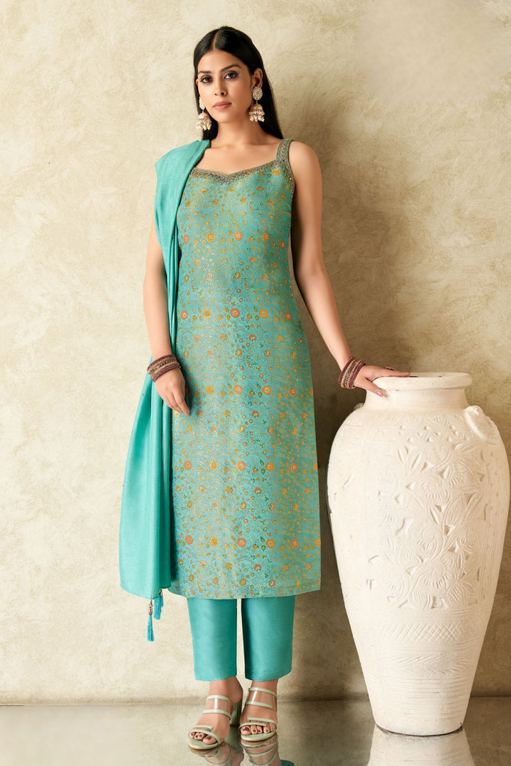 Sea Green Mirror, Zardozi, Stone, Beads and Brocade work Straight Cut Salwar Suit