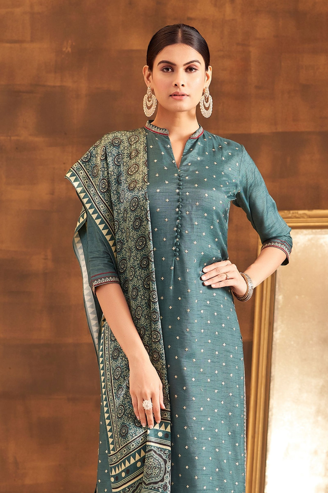 Pastel Blue Sequins and Thread work Straight Cut Salwar Suit with Kalamkari Print Dupatta