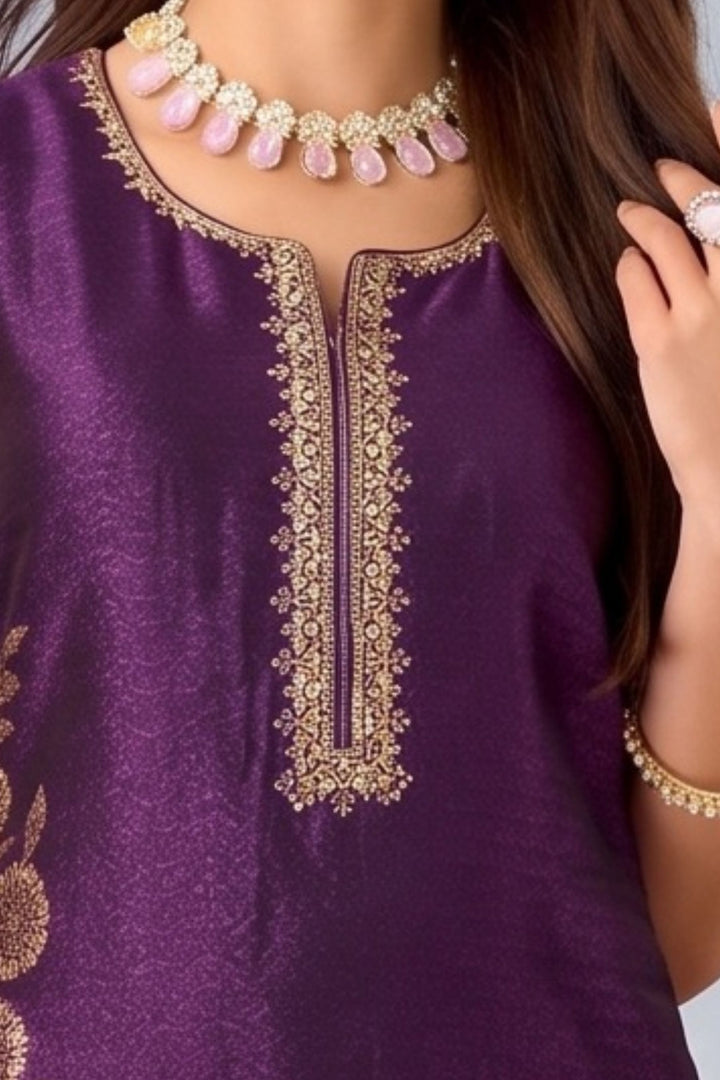 Purple Zardozi, Stone, Mirror, Zari and Banaras work Straight Cut Salwar Suit