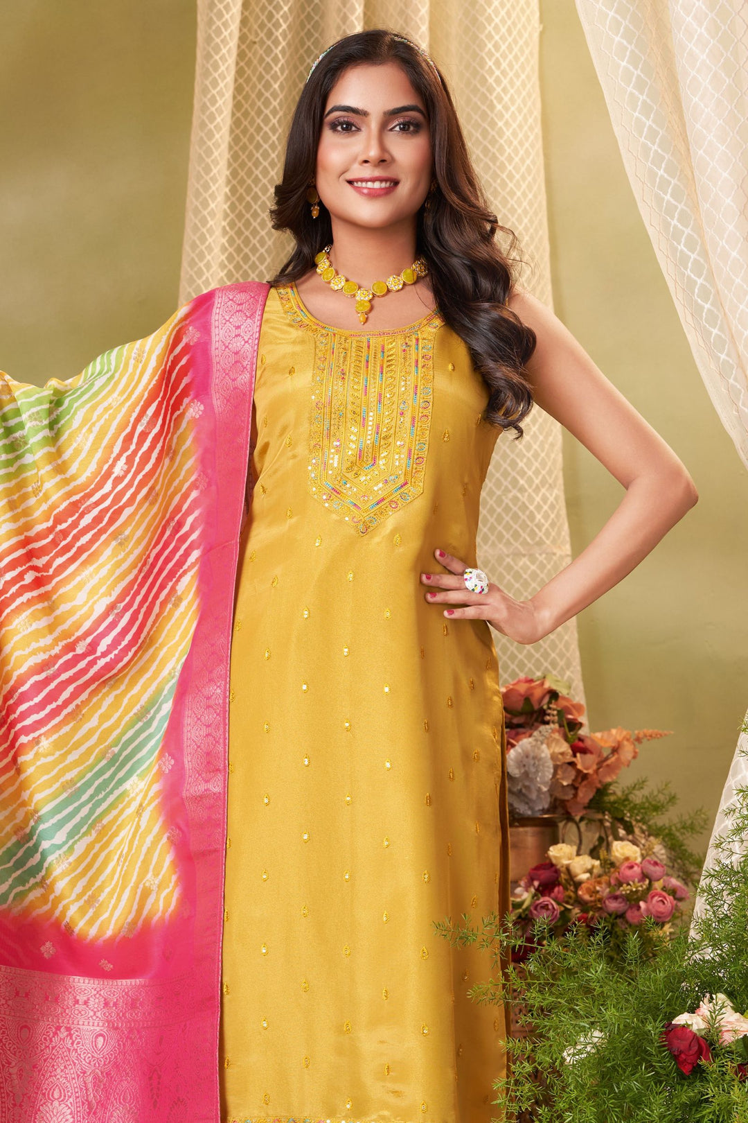 Yellow Sequins, Banaras Zari and Multicolor Thread work Straight Cut Salwar Suit