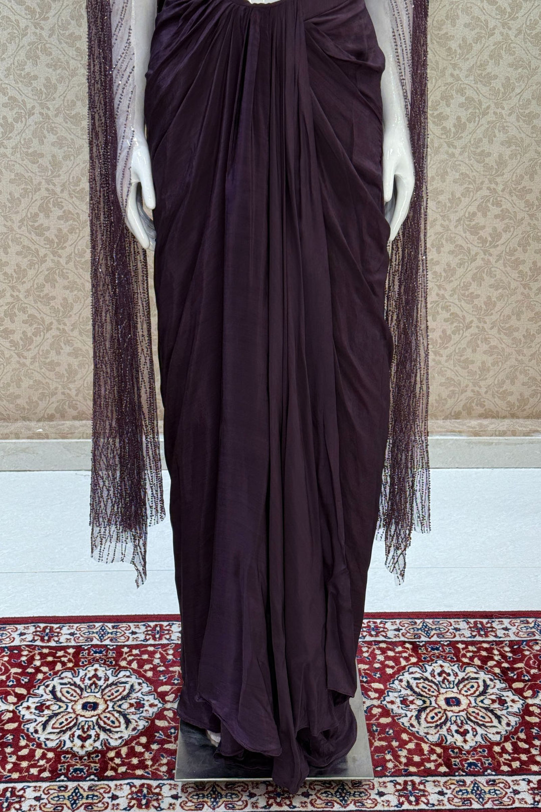 Wine Indo-Western Styled Beads and Sequins work Crop Top and Cowl Skirt