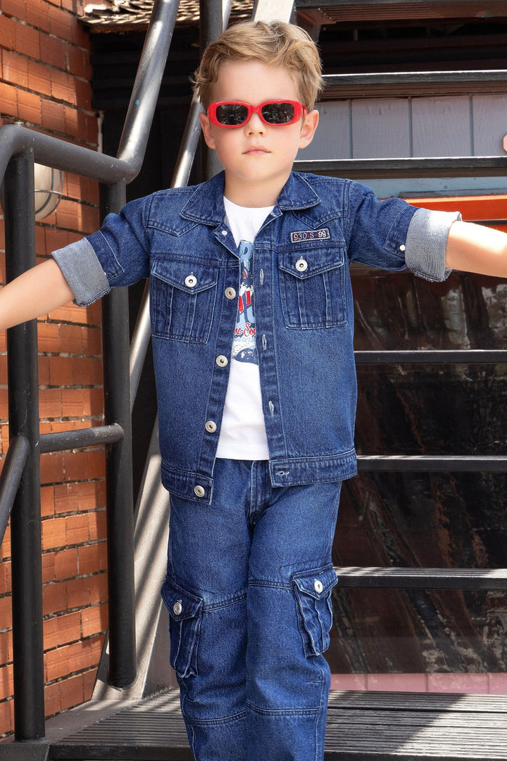 Dark Blue with White Printed Blazer, T-Shirt and Pant Set for Boys with Belt