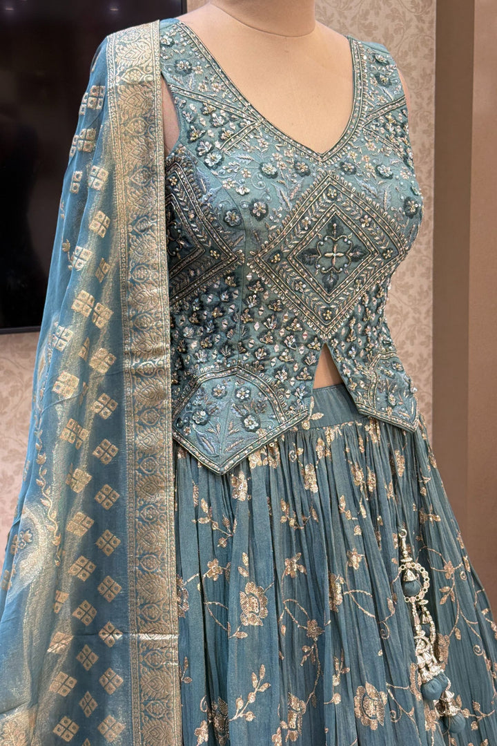 Teal Green Mirror, Zardozi, Sequins, Beads, Stone and Banaras work Peplum Style Lehenga