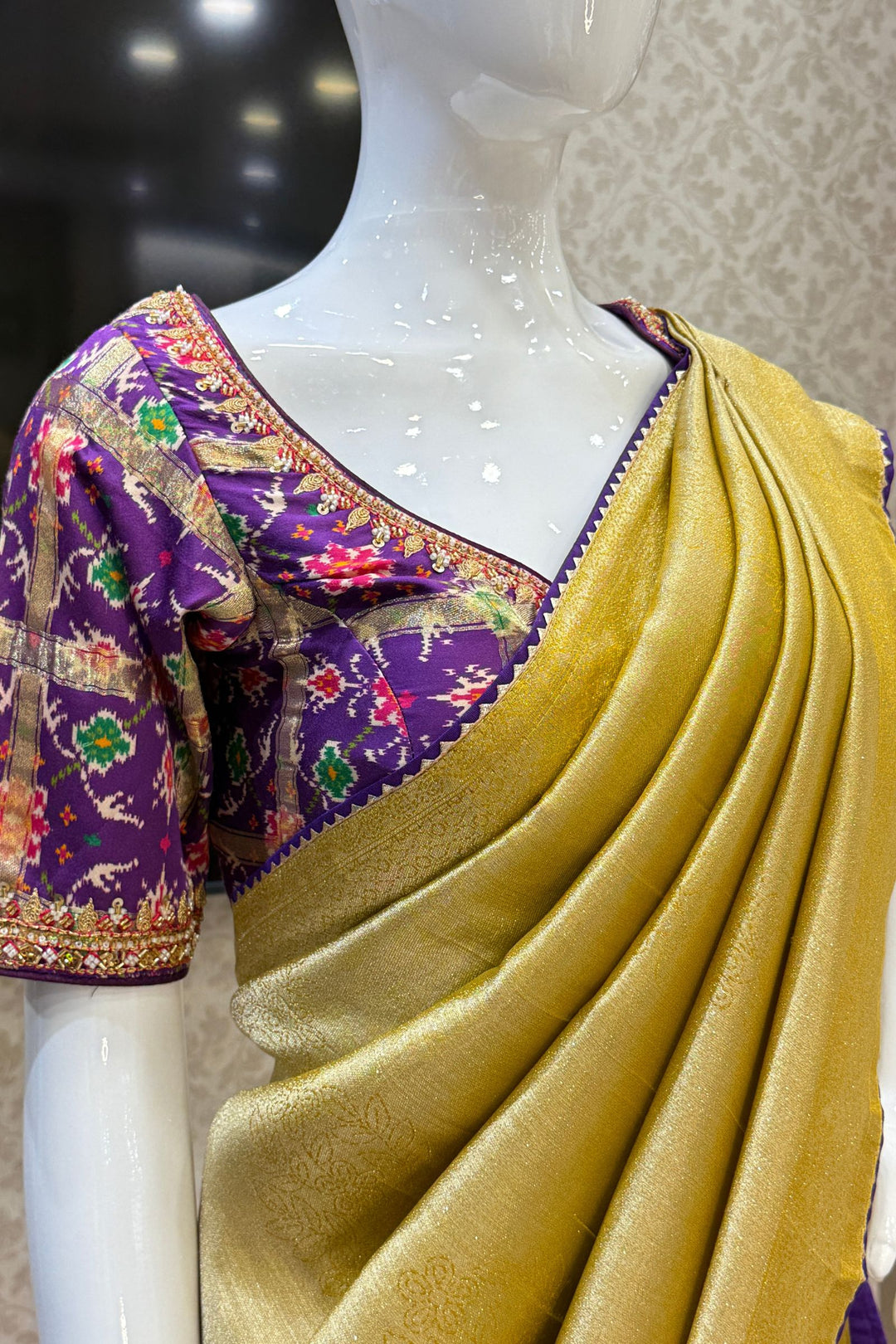 Mustard Saree with Purple Beads, Zari and Sequins work with Pochampally Print Blouse